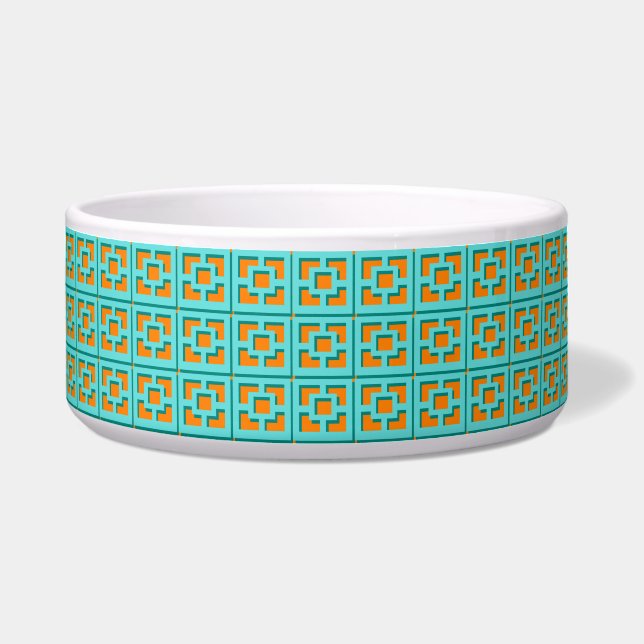 Retro Turquoise & Sinaasappel Trellis Keramische P Voerbakje (Voorkant)