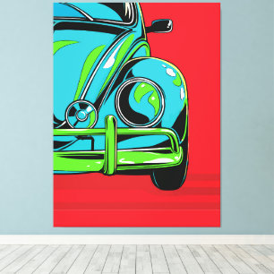 Retro Turquoise Sportwagen Voorkant Pop Art Canvas Afdruk