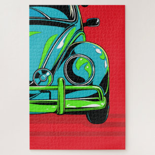 Retro Turquoise Sportwagen Voorkant Pop Art Legpuzzel