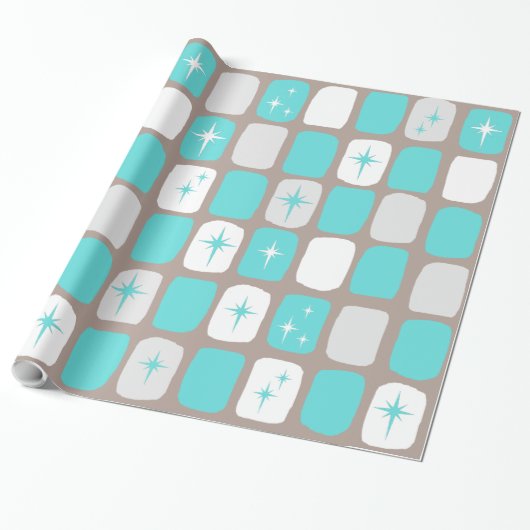 Retro Turquoise Starbursts Wrapping Paper Cadeaupapier (Uitgerold)