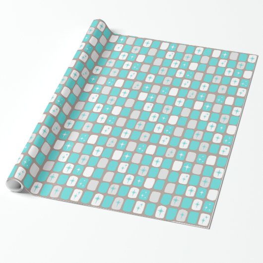 Retro Turquoise Starbursts Wrapping Paper Cadeaupapier (Uitgerold)