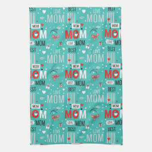 Retro Turquoise Stripsgewijze MOEDER Liefdepatroon Theedoek