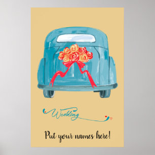 Retro Turquoise Vluchtauto & Rode Rozen Trouw Welk Poster