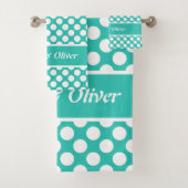 Retro Turquoise & White Polka Dot Bad Handdoek (Insitu)