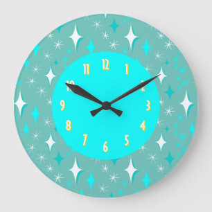 Retro Turquoise Witte Sterren Gele Nummers Grote Klok