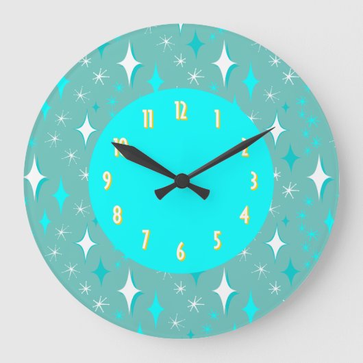 Retro Turquoise Witte Sterren Gele Nummers Grote Klok (Voorkant)