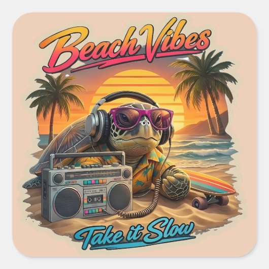 Retro Turtle Beach Sfeer - Koele Zomer Chill Grafi Vierkante Sticker (Voorkant)