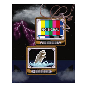 Retro TV Geen Signaal Oceaan Storm Surrealistische Foto Afdruk