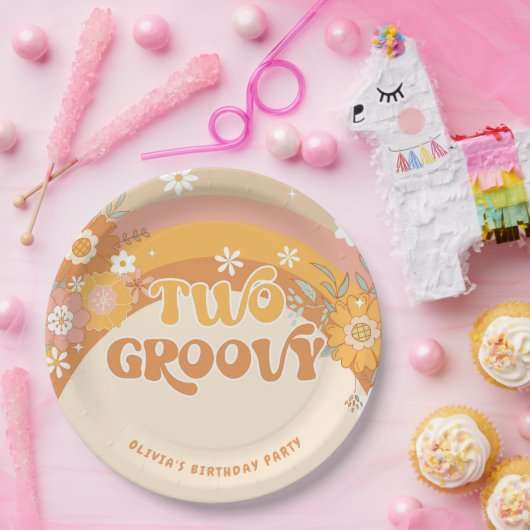 Retro twee groovy baby verjaardagspapieren borden papieren bordje (Feest)