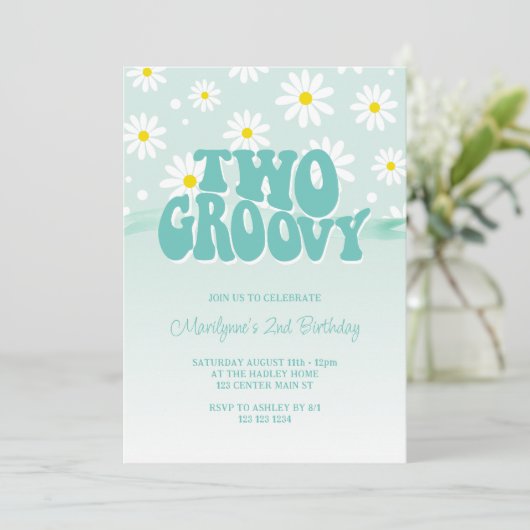 Retro Twee Groovy Daisy 2e Verjaardag uitnodiging (Staand voorkant)
