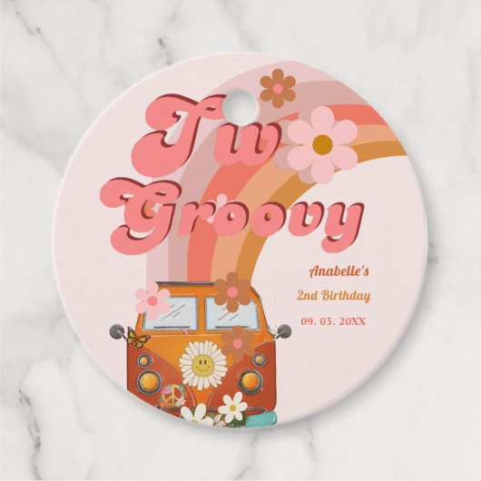 Retro twee Groovy Daisy Flower Verjaardagsfeestje Bedankjes Labels (Voorkant)