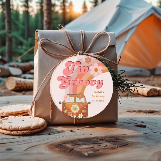 Retro twee Groovy Daisy Flower Verjaardagsfeestje Bedankjes Labels