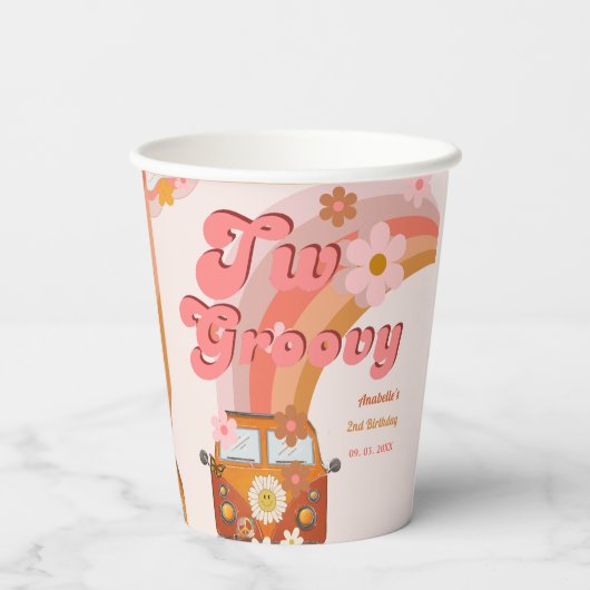 Retro twee Groovy Daisy Flower Verjaardagsfeestje Papieren Bekers (Achterkant)