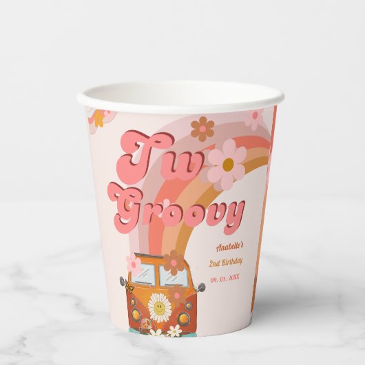 Retro twee Groovy Daisy Flower Verjaardagsfeestje Papieren Bekers (Voorkant)