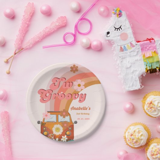 Retro twee Groovy Daisy Flower Verjaardagsfeestje Papieren Bordje (Feest)