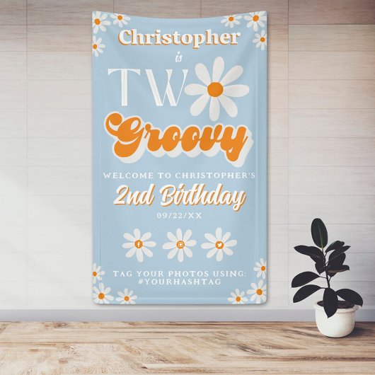 Retro Twee Groovy Jongens 2e Verjaardag Welkom Spandoek