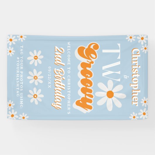 Retro Twee Groovy Jongens 2e Verjaardag Welkom Spandoek (Horizontaal)