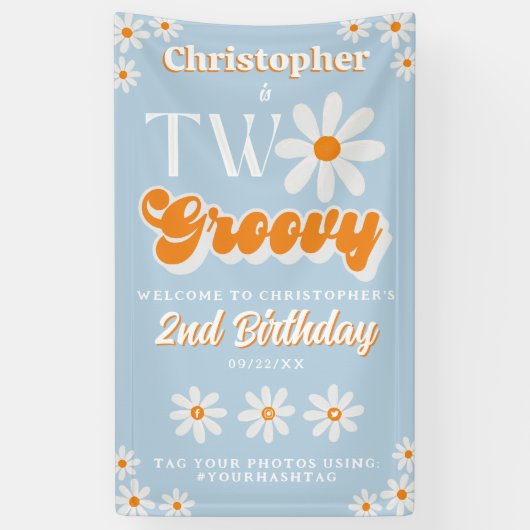 Retro Twee Groovy Jongens 2e Verjaardag Welkom Spandoek (Verticaal)