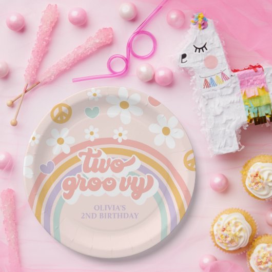 Retro Twee Groovy Meisje Regenboog 2e Verjaardag Papieren Bordje (Feest)