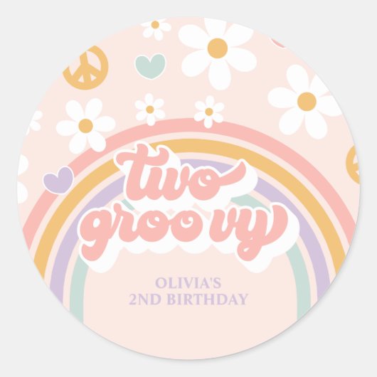 Retro Twee Groovy Meisje Regenboog 2e Verjaardag Ronde Sticker (Voorkant)
