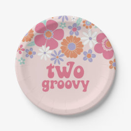 Retro Twee Groovy Roze Bloemen Papieren Bordje