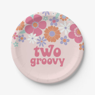 Retro Twee Groovy Roze Bloemen Papieren Bordje