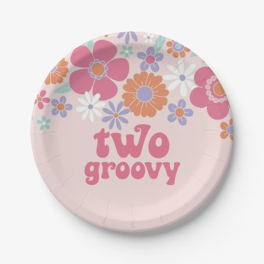 Retro Twee Groovy Roze Bloemen Papieren Bordje (Voorkant)