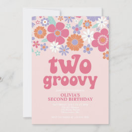 Retro Twee Groovy Roze Bloemenuitnodiging Kaart