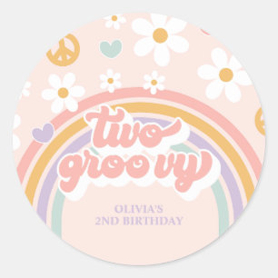Retro Two Groovy Girl Regenboog 2de Verjaardag Ronde Sticker