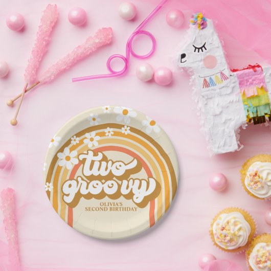 Retro Two GroovY Rainbow Brown Oranje Birthday Papieren Bordje (Feest)