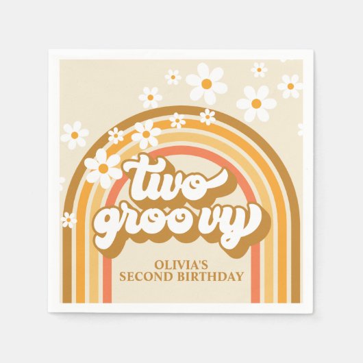 Retro Two GroovY Rainbow Brown Oranje Birthday Servet (Voorkant)