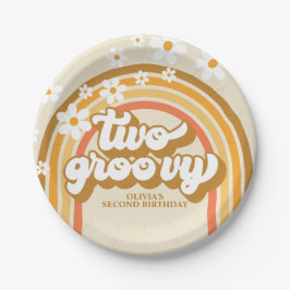 Retro Two GroovY Regenboog Bruin Oranje Verjaardag Papieren Bordje