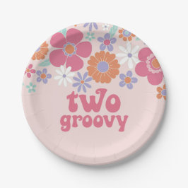 Retro Two Groovy Roze Bloemen Papieren Bordje