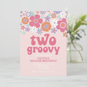 Retro Two Groovy Roze Bloemenuitnodiging Kaart (Staand voorkant)