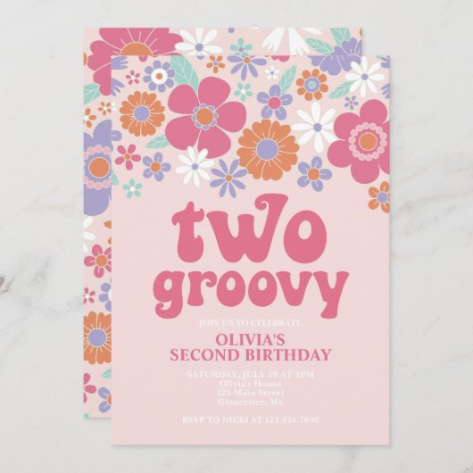 Retro Two Groovy Roze Bloemige Uitnodiging (Voorkant / Achterkant)