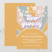 Retro Two Groovy Sunshine daisy paars Invitation Kaart (Voorkant / Achterkant)