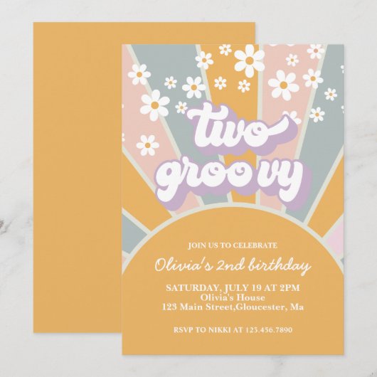 Retro Two Groovy Sunshine daisy paars Invitation Kaart (Voorkant / Achterkant)