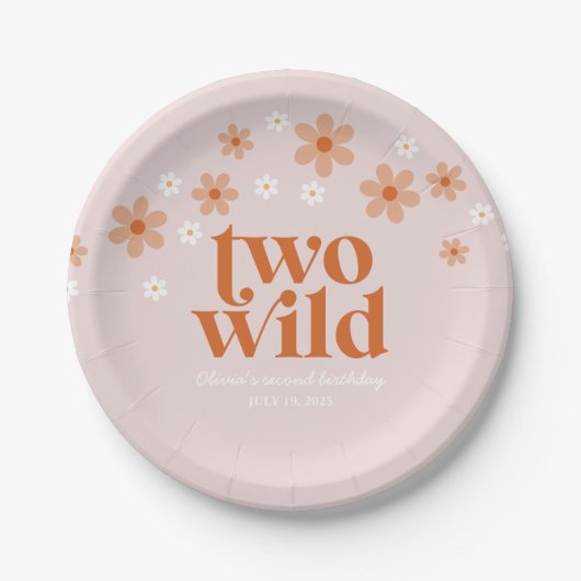 Retro Two Wild daisy boho Tweede verjaardag Papieren Bordje (Voorkant)