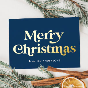 Retro Type Merry-kerstmarine en Gold Folie Feestdagenkaart