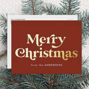 Retro Type Prettig Kerstmis Bruin en Goud Folie Feestdagen Briefkaart