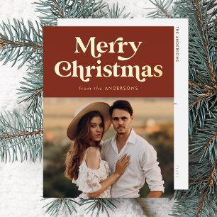Retro Type Prettig Kerstmis Foto Bruin en Goud Folie Feestdagen Briefkaart