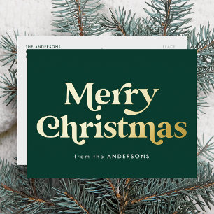 Retro Type Prettig Kerstmis Groen en Goud Folie Feestdagen Briefkaart