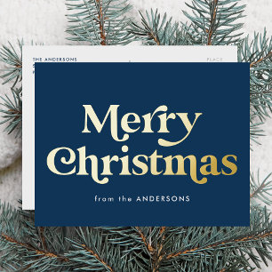 Retro Type Prettig Kerstmis Marineblauw en Goud Folie Feestdagen Briefkaart