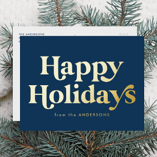 Retro Type Prettig Nieuwjaar Non-Foto Navy en Goud Folie Feestdagen Briefkaart
