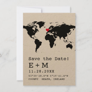 Retro Typewriter Wereldkaart met hartbestemming Save The Date