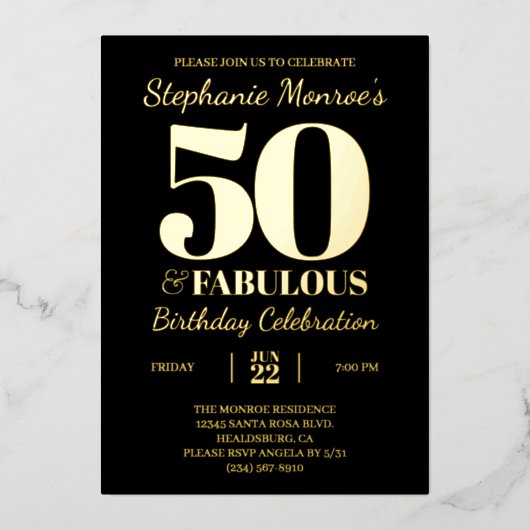 Retro Typografie 50 & Fabulous Black en Gold Folie Uitnodiging (Voorkant)