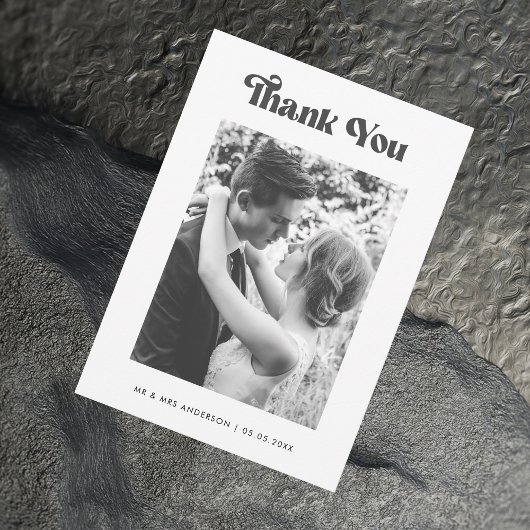 Retro  Typografie Black White Photo Wedding Bedankkaart