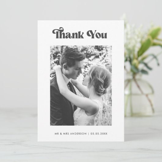Retro Typografie Black White Photo Wedding Bedankkaart (Staand voorkant)