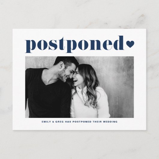 Retro Typografie Blue Photo Wedding Postponement Aankondigingskaart (Voorkant)