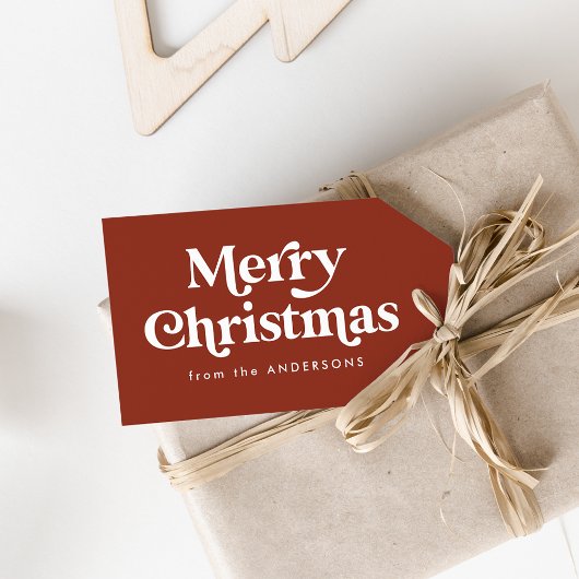 Retro Typografie Brown Merry kerst Cadeaulabel
